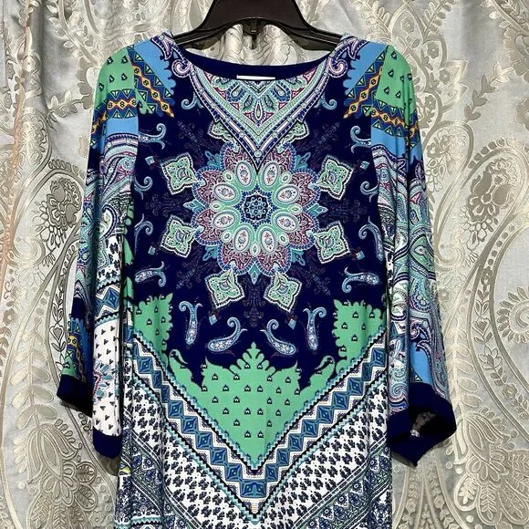Vibrant Bohemian Mandala Shift Dress Size 6 Blue Multi Color Bell Sleeves Retro - Picture 2 of 13